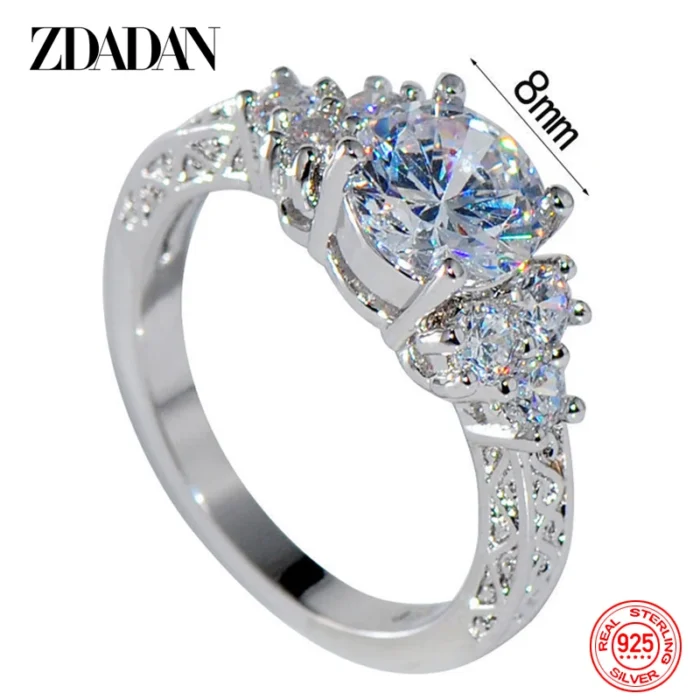 ZDADAN 925 Sterling Silver 8MM Zircon Finger Ring For Women Fashion Wedding Jewelry Accessories Wholesale - Image 2