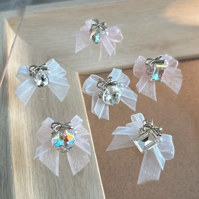 5PCS 3D Organza Bow Nail Art Rhinestones Accessories White Pink Bow Square Waterdrop Diamond Nail Art Decoration Manicure Charms - Image 2