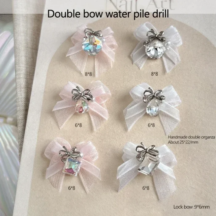 5PCS 3D Organza Bow Nail Art Rhinestones Accessories White Pink Bow Square Waterdrop Diamond Nail Art Decoration Manicure Charms - Image 6