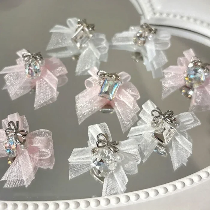 5PCS 3D Organza Bow Nail Art Rhinestones Accessories White Pink Bow Square Waterdrop Diamond Nail Art Decoration Manicure Charms - Image 3