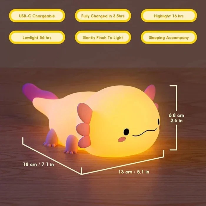 Cute Axolotl Night Light Silicone Nursery Sleeping Lamp Touch Control Nightlights USB Rechargeable Table Lamp for Baby Child - Image 6