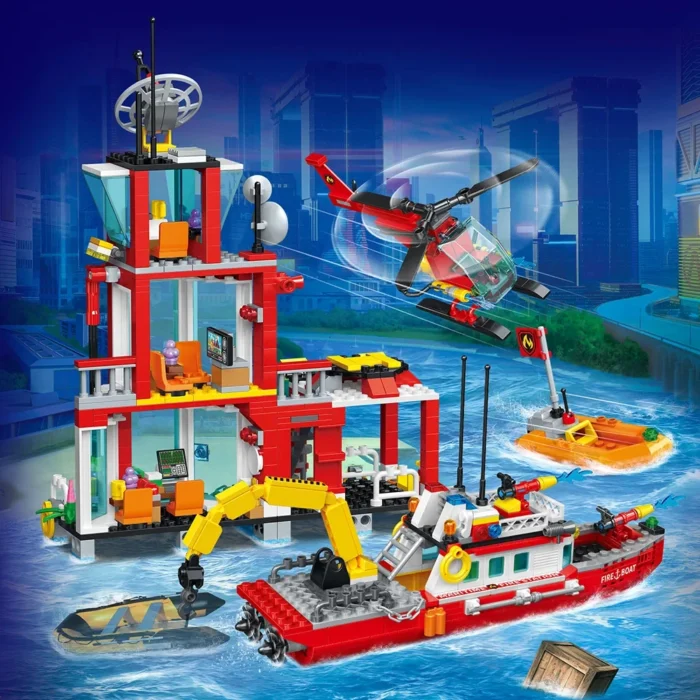 Fire Station City Oceans Blocks Compatible Fire Station Set with Fire Station Fire Helicopter Fire Ship Rescue Boat - Image 3