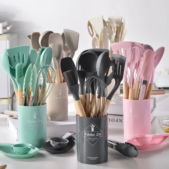 12PCS Food Grade Silicone Kitchen Cookware Utensils Turner Spatula Measuring Spoon Practical Cooking Tool Kitchenware Set Spoon