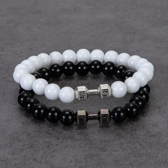 2pcs/Set Natural Stone Dumbbell Beaded Bracelet Black Beads Fitness Fit Life Prayer Bracelets Bangles Barbell Men Jewelry - Image 2