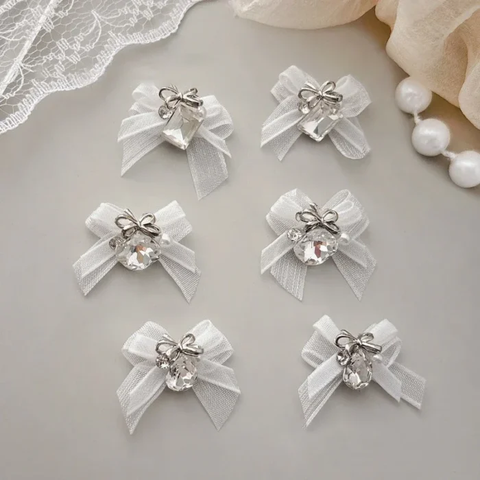 5PCS 3D Organza Bow Nail Art Rhinestones Accessories White Pink Bow Square Waterdrop Diamond Nail Art Decoration Manicure Charms - Image 4