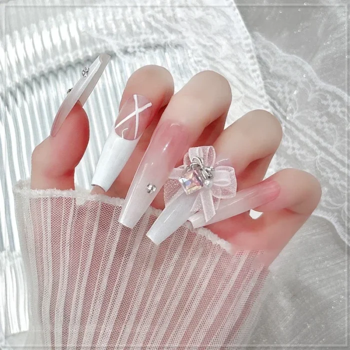 5PCS 3D Organza Bow Nail Art Rhinestones Accessories White Pink Bow Square Waterdrop Diamond Nail Art Decoration Manicure Charms - Image 5