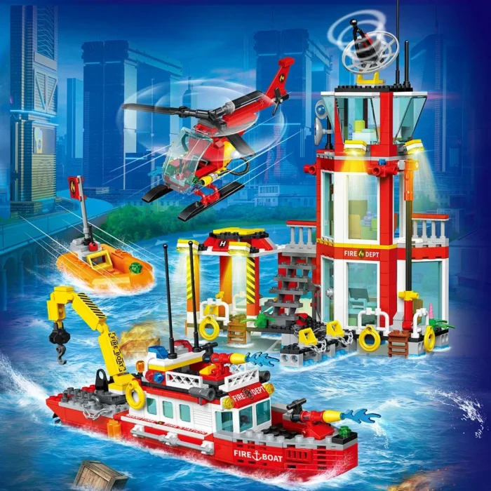 Fire Station City Oceans Blocks Compatible Fire Station Set with Fire Station Fire Helicopter Fire Ship Rescue Boat - Image 2