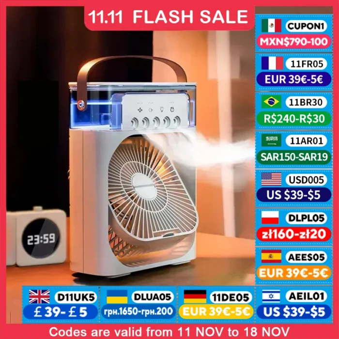 3 In 1 Portable Humidifier Fan Mini Air Conditioners USB Mini fan LED Night Light Water Mist Fun Air Cooler Humidifie For Home