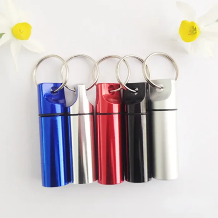 Aluminum Waterproof Pill Box Cases with Sealed Storage, Flat Head, Round Alloy Cartridge and Keychain for Vitamin Fish Oils - Image 2